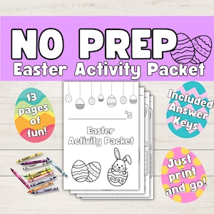 Può includere: Un pacchetto di attività pasquali stampabile con 13 pagine di divertimento. Il pacchetto include pagine da colorare, parole crociate e altre attività. La copertina presenta un coniglio dentro un uovo e il testo "Easter Activity Packet".