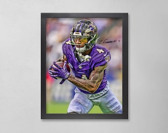 Póster autografiado de Zay Flowers: Arte personalizado de los Baltimore Ravens de la NFL