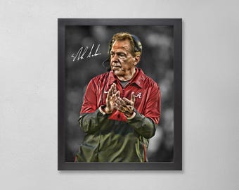 Póster autografiado de Nick Saban: Arte personalizado de Alabama Crimson Tide NCAA