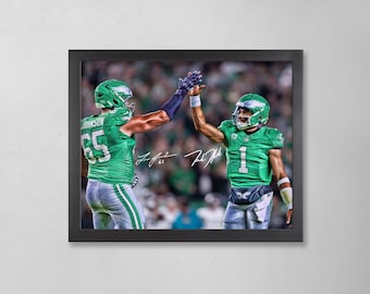 Póster autografiado de Jalen Hurts y Lane Johnson: Arte personalizado de los Eagles de la NFL