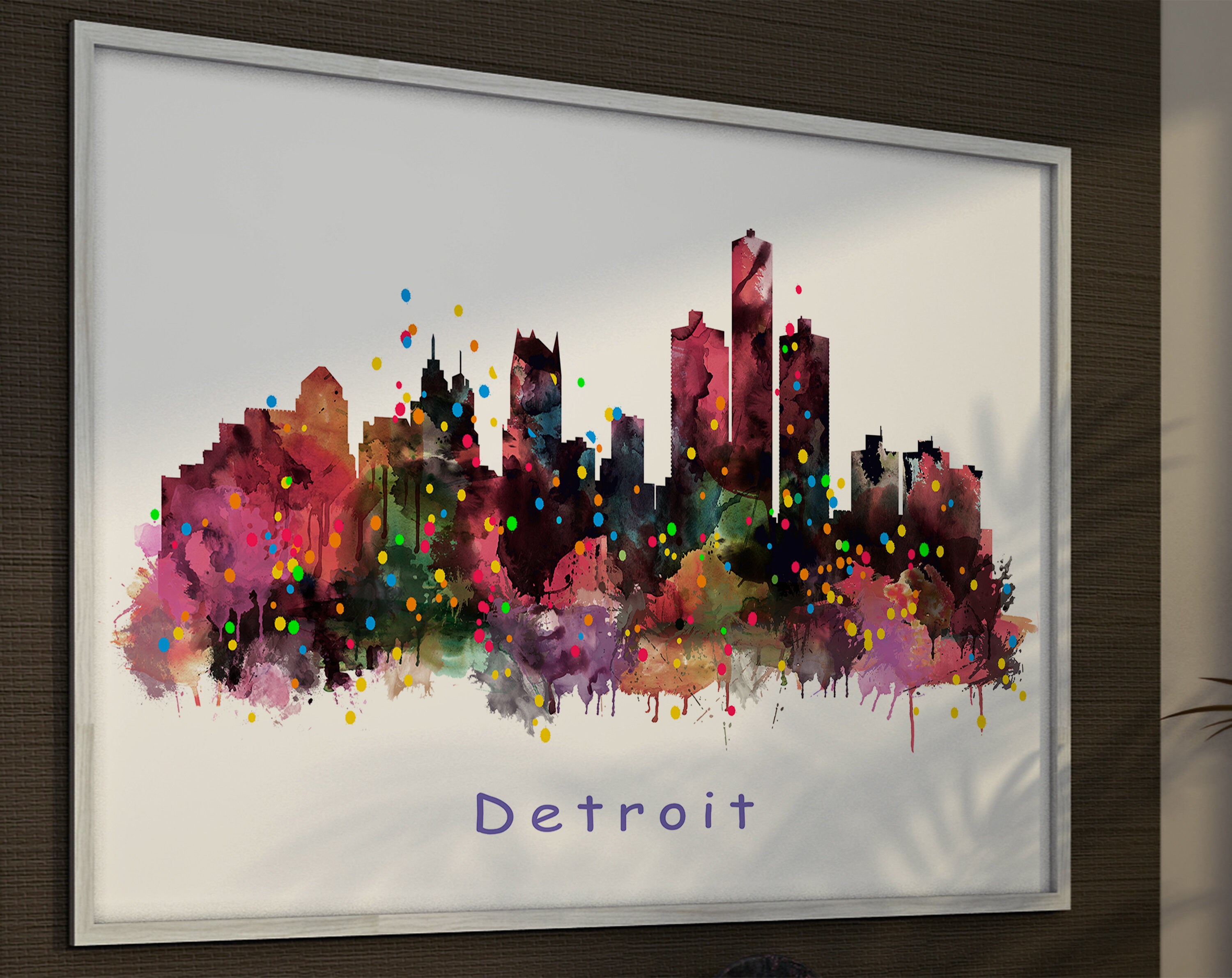 Detroit Skyline Cityscape Wall Art Watercolor Painting Print Etsy