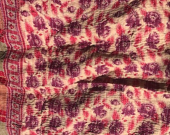 Sofa top bedspread kantha purple, fushia and beige flower on one side and black blue and red on the other side