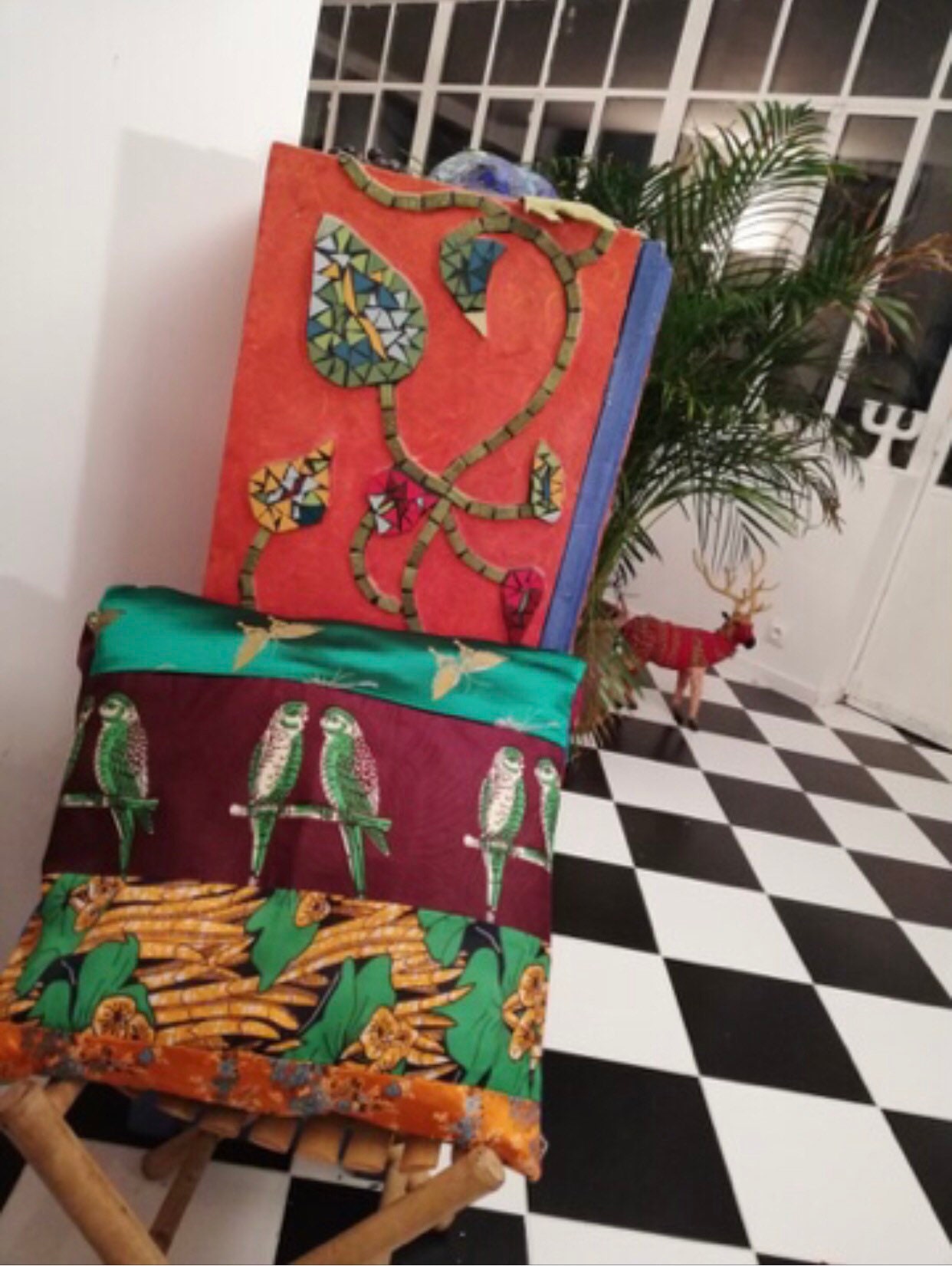 Coussin Plat en Patchwork Fait Main Piece Unique Vert et Marron