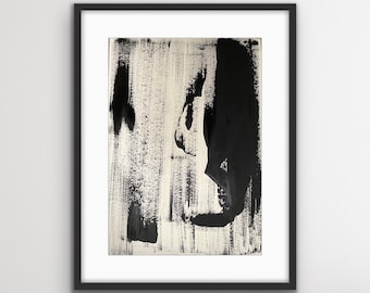 May include: Abstract painting with black brushstrokes on a white background. The brushstrokes are thick and expressive, creating a sense of movement and energy.