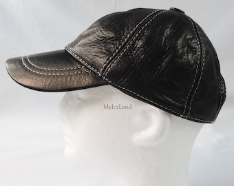 New 100% Genuine Lambskin Leather Black  and White Thread Baseball Cap  Hat Leather Men&#39;s Women&#39;s Unisex Hat Gift for Him Gift for Her