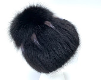 Knit Real Mink Beanie Hat with arctic silver fox fur Pom Pom in Black