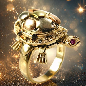 Op de afbeelding: Een goudkleurige schildpadring met een gedetailleerd ontwerp. Het schild van de schildpad heeft een mozaïekpatroon van gouden, zilveren en bronzen segmenten. De ring heeft een robijnen oog en ingewikkelde details rond het lichaam van de schildpad.