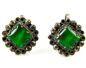 Vintage Mexican Mexico Sterling Silver Earrings Green Stone Jewelry