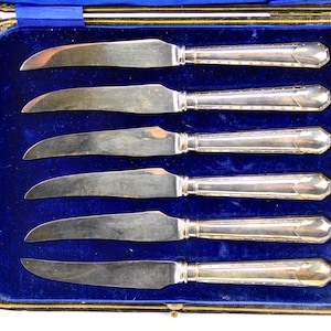 Antique British Lee Henry WIGFULL Sheffield Set 6 Sterling Silver Fish Knife Box Collectables Unique Gift