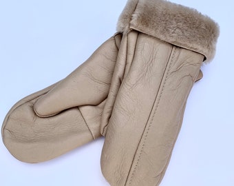 Warm Shearling Sheepskin Leather Women's Mittens  Premium Real  Lambskin Fur White OFF Tan Beige