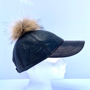 New Black Genuine Leather Baseball Cap with Silver Fox Fur Pom Pom Leather Hat
