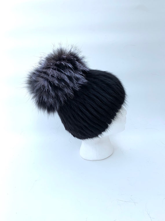 Overland Knitted Mink Fur Beanie Hat with Fox Fur Pom Black Overland | Accessories | Overland Mink Fur Beanie Hat With  main image 4