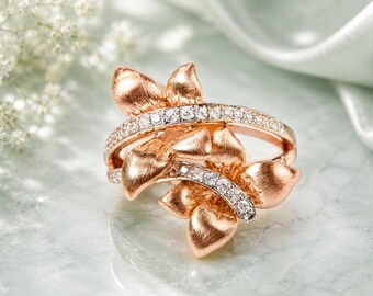 14K Rose & Weißgold Diamant Schmetterling Blume Wrap Ring Größe 7,5
