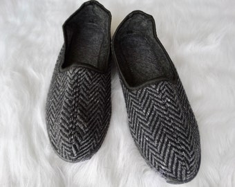 New European made Black Dark Gray Herringbone Soft Wool Dense Tweed Men's closed back House Slippers Shoes outdoor indoor   Gift for him