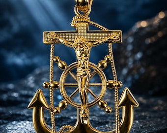 10K Solid Yellow Gold Naval Anchor Jesus Christ Crucifix Cross