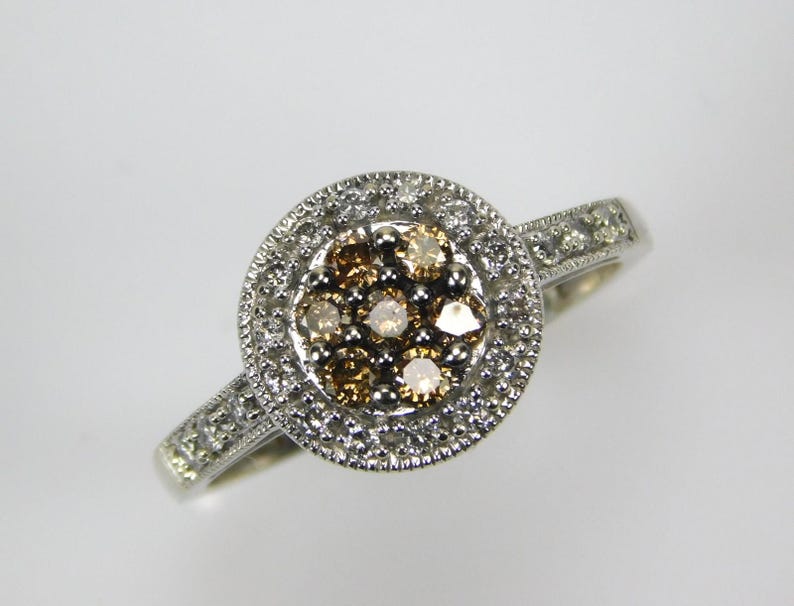 10K White Gold Champagne Diamond Halo Ring Vintage Cluster Size 8 ...