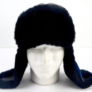 New 100% Genuine Sheepskin Patent Glossy Leather Fur Trapper Winter Mens Unisex Hat Black