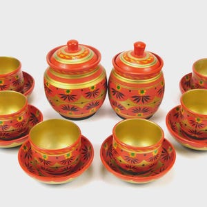 Vintage Soviet Russian Wooden Tea Set Hand Painted Red Gold Cups Saucers Sugar Pots