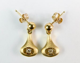 Beautiful Solid Gold 14K Yellow Gold Real Diamond Drop Stud Earrings Jewelry