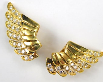 18K Yellow Gold Diamond Large Heavy Angel Wings Earrings Jewelry 29.7g