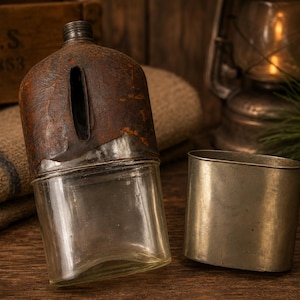 May include: An antique glass canteen with a leather cover and a metal cup. The canteen has a clear glass body and a worn, brown leather cover. The metal cup is silver and oval-shaped. The background includes a wooden crate with the text "U.S. 1853".