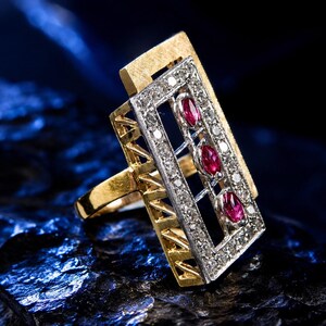 Vintage 14K Two-Tone Gold Ruby Diamond Cocktail Ring Modernist Geometric Statement Size 9.25