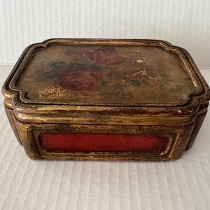 Antique  Italian gilt Venetian style ceramic box handpainted with roses.