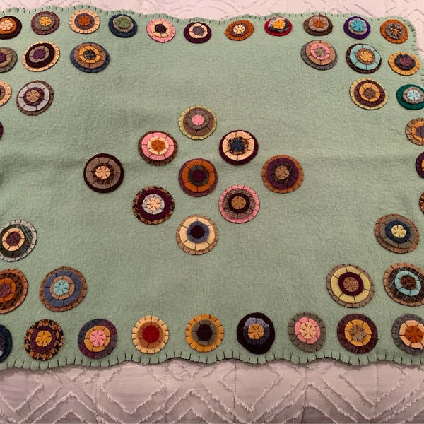 One of a kind-Hand made colorful folk art wool lap blanket using vintage wool blankets to create a floral country style design.