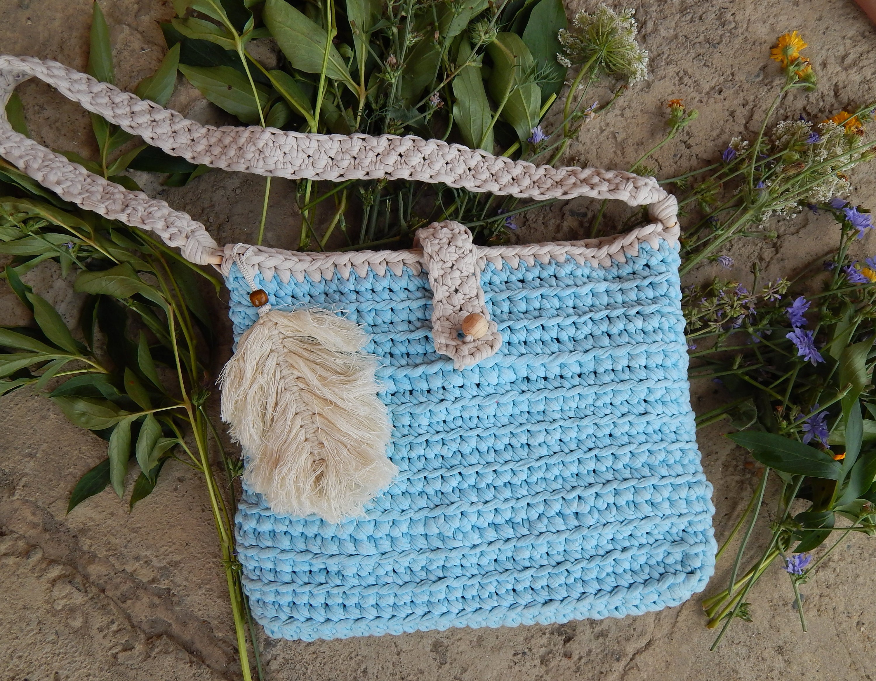 T-shirt yarn bags crochet bag of t-shirt yarn blue bag | Etsy