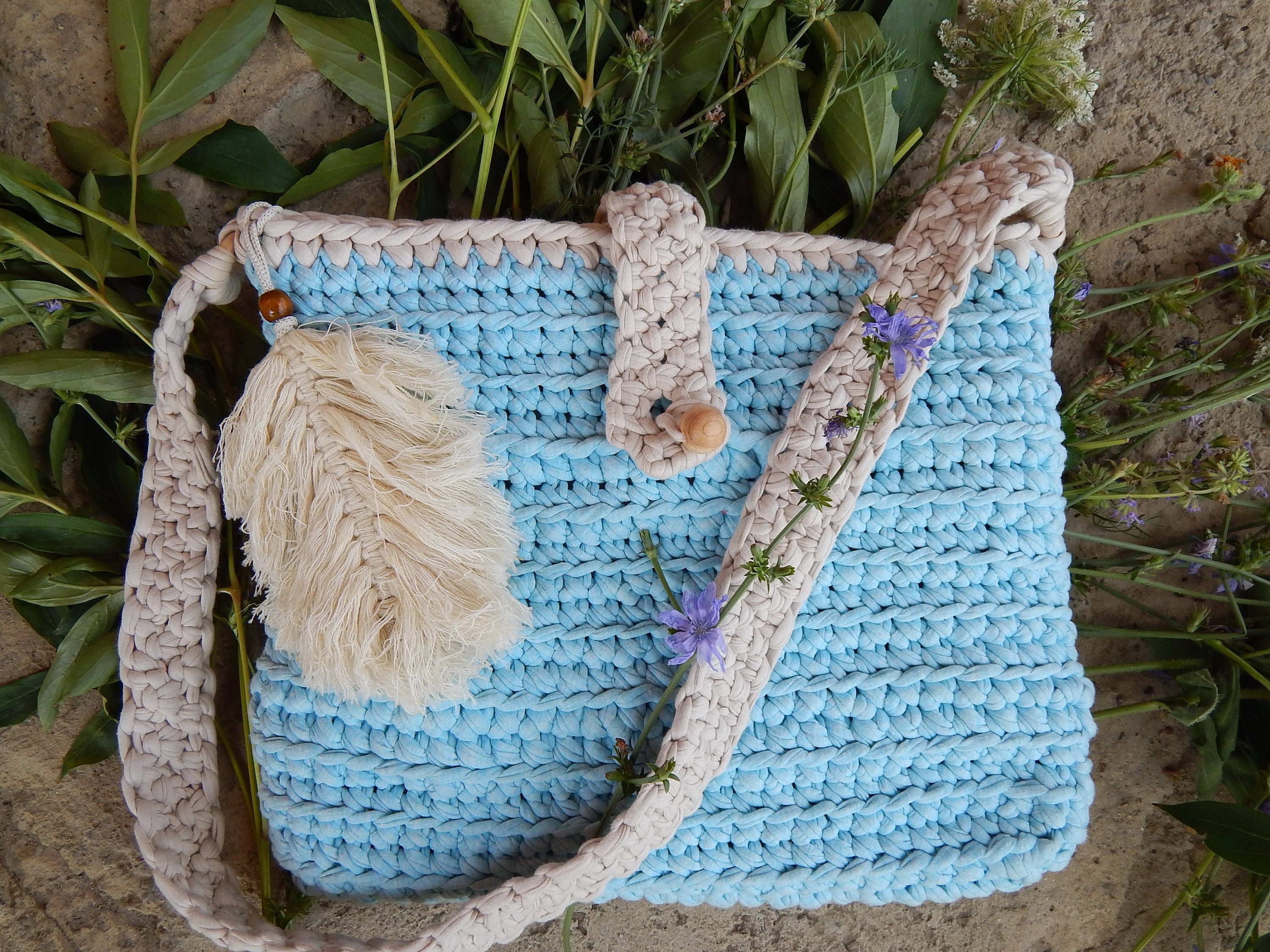 Tshirt yarn bags crochet bag of tshirt yarn blue bag Etsy
