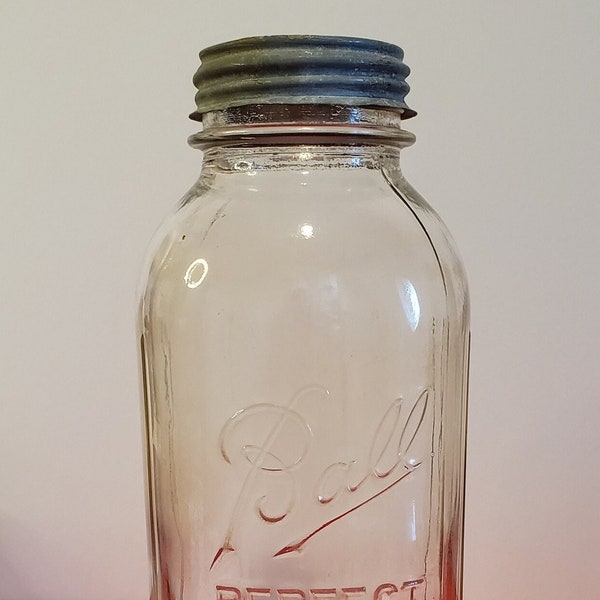 1930s Ball Perfect Mason Clear Glass Half Gallon Canning Jar with Zinc Lid and Porcelain Insert /Round Jar / Vertical Lines
