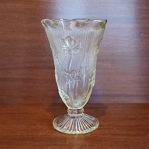 Iris and Herringbone 9&quot; Footed Clear Glass Vase with Ruffled Edge Vase by Jeanette Glass
