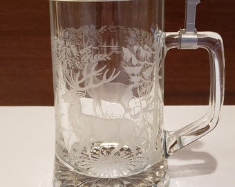 Clear Glass Etched Beer Stein with Lid