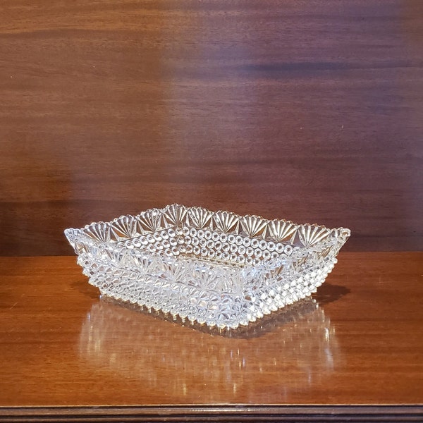 Vintage Pressed Glass Rectangular Serving Dish with Unique Fan Pattern Edge