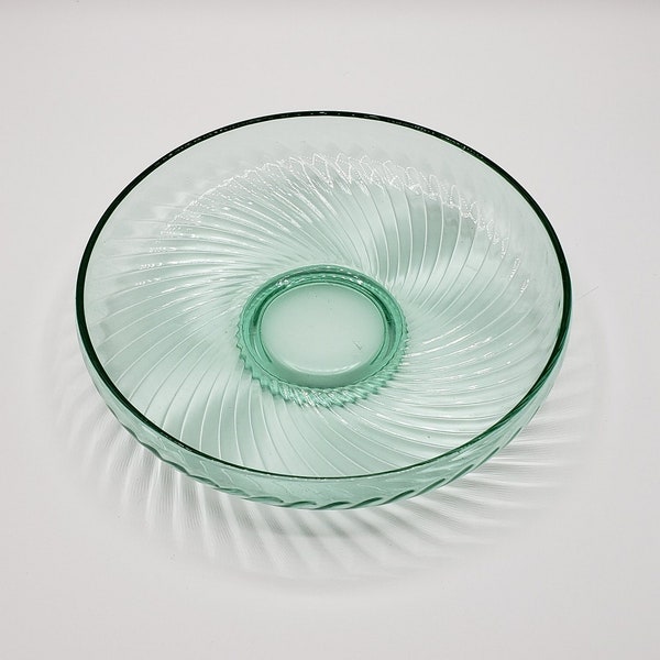 Green Swirl Depression Uranium / Vaseline Glass 8.5" Bowl