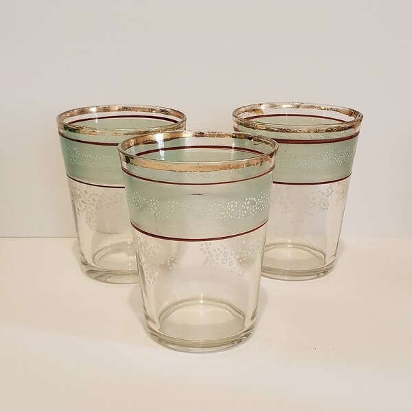 Vintage Victorian Pale Green, Burgundy Striped and Gold Trimmed Vintage Glass Tumblers