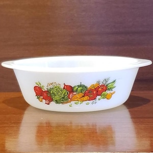Glasbake Vintage Two Quart Round Milk Glass Casserole Dish in the Vegetable Medley Pattern