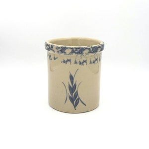 Robinson RansBottom Vintage Yellow Ware Kitchen Crock in the Navy Blue Wheat and Sponge Paint Accents Design made in Roseville, Ohio