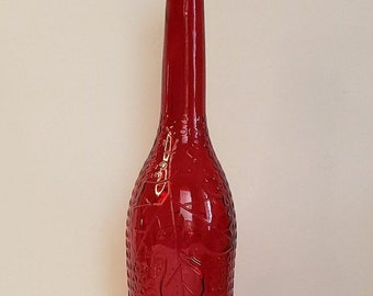 Vintage Glass Decanter /  Wine Bottle with Red Painted Interior Hobnail and Leaf Embossed Exterior