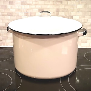 White Enamel Vintage Lidded Stockpot / Cookware with Black Rim and Handles