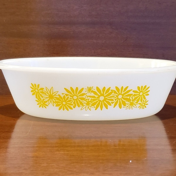 Glasbake Vintage One Quart Milk Glass Oval Casserole Dish in the Yellow Daisy Design