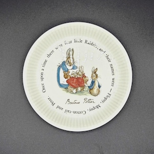 Könnte beinhalten: Ein runder, cremefarbener Teller mit einer detaillierten Illustration von Kaninchen in Kleidung. Der Teller enthält Text aus einer Kindergeschichte, einschließlich des Namens des Autors, Beatrix Potter. Der Teller hat einen geriffelten Rand.