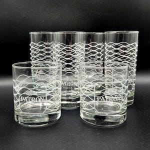 Patron Tequila Etched Barware High Balls / Flat Tumblers and Double Old Fashion Glasses - Set of Six Glasses