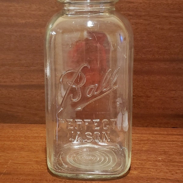 1930s Ball Perfect Mason Clear Glass Half Gallon Square Canning Jar with Zinc Lid and Porcelain Insert, Rounded Corners, Vertical Lines