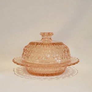Jeanette's "Holiday" Glass Pattern Covered Butter Dish in Pink
