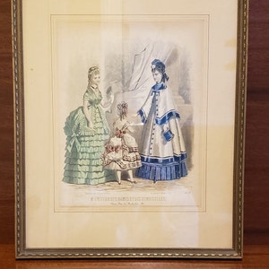 1870 Framed French Fashion Print Hand Colored and Signed by David Jules