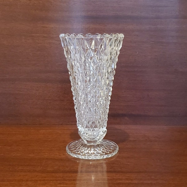 1970s Clear 8" Footed Flower Vase in the Diamond Point Pattern by Indiana Glass