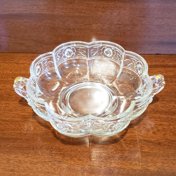 Jeannette Aztec Rose Design Footed Clear Glass Candy Dish