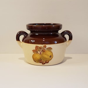 Puede incluir: Un tarro de cerámica marrón y blanco con dos asas. El tarro tiene un diseño de dos manzanas amarillas con hojas y tallos marrones.