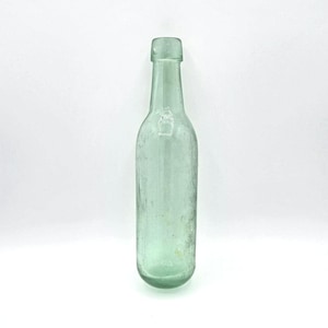 1800s Blue Green / Aqua Torpedo Bottle /Rounded Bottom Bottle / Carbonated Water Bottle / Ginger Ale Bottle with Applied Top
